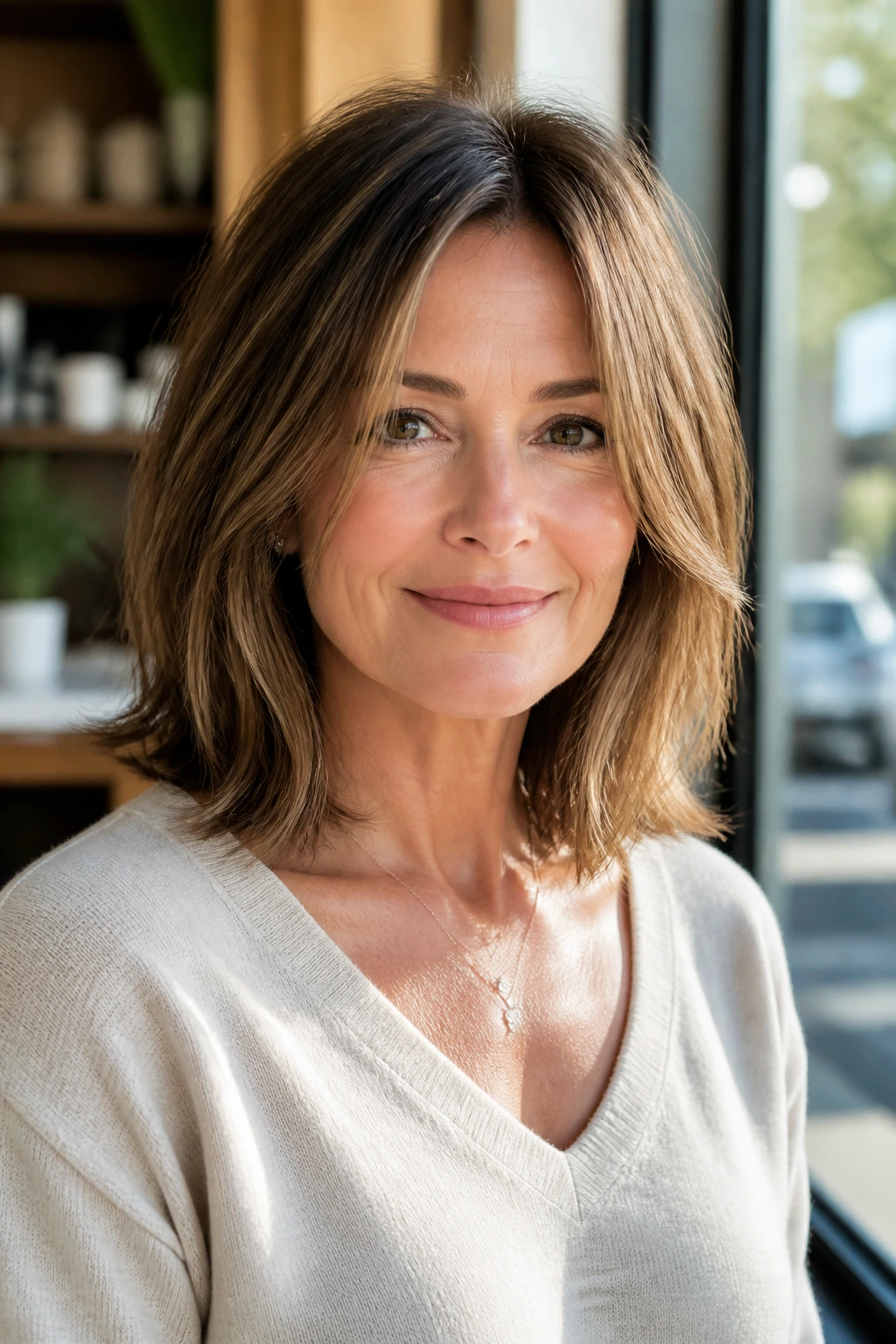 Portrait of woman with easy, everyday long bob styling in bright indoor setting