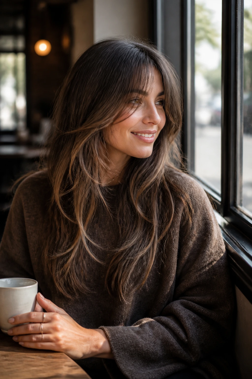 Real woman with a wearable long-hair style in a casual daytime setting