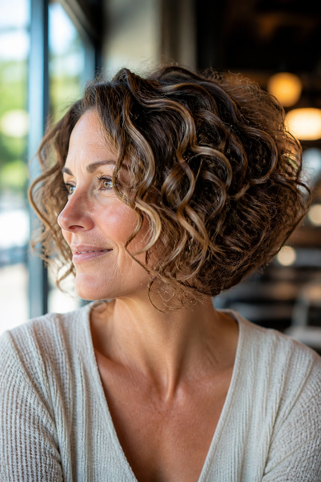 Close-up of a real woman with a polished curl stack hairstyle