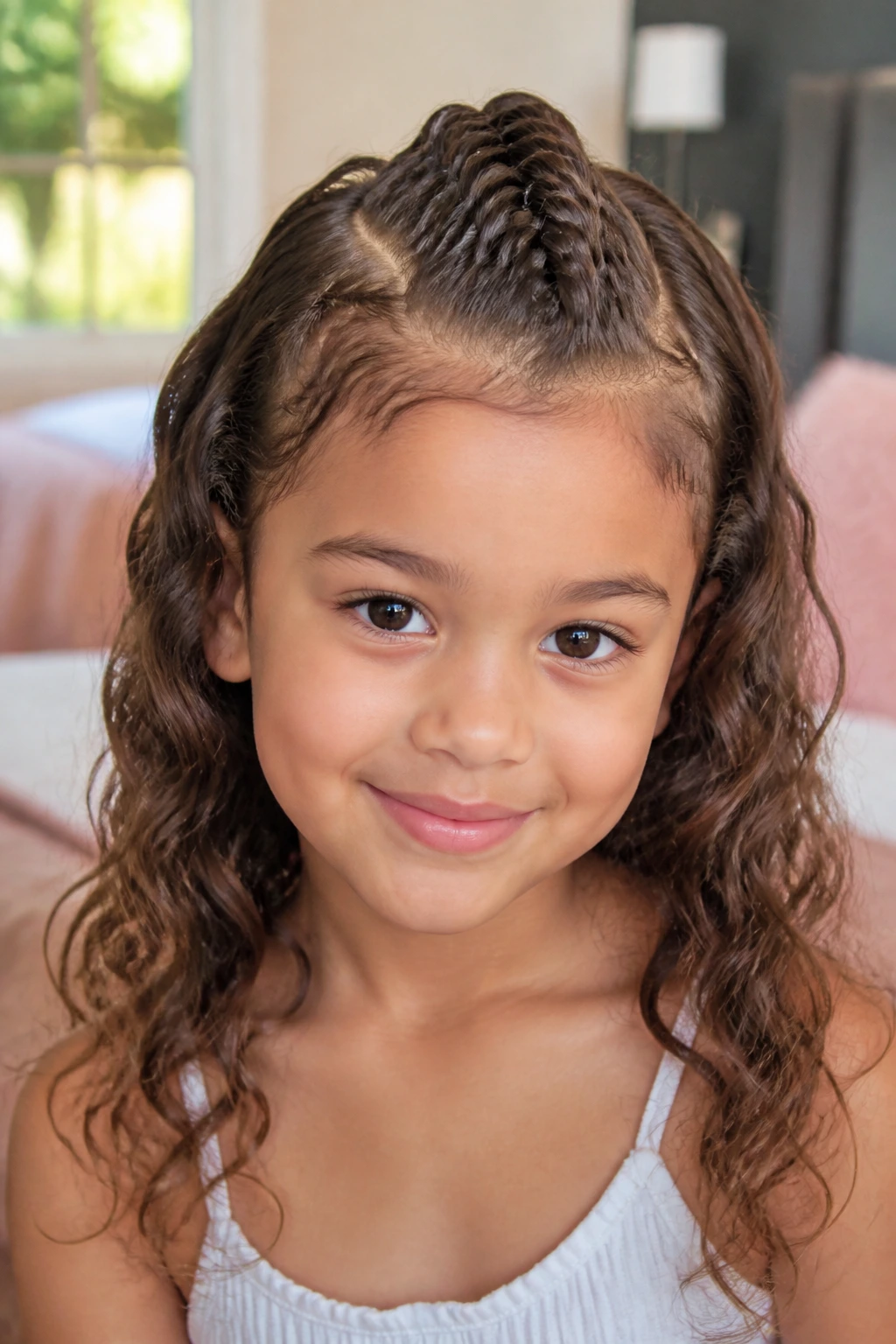Close-up of a real girl's head showing Everyday Soft Hawk mohawk braid in wavy hair