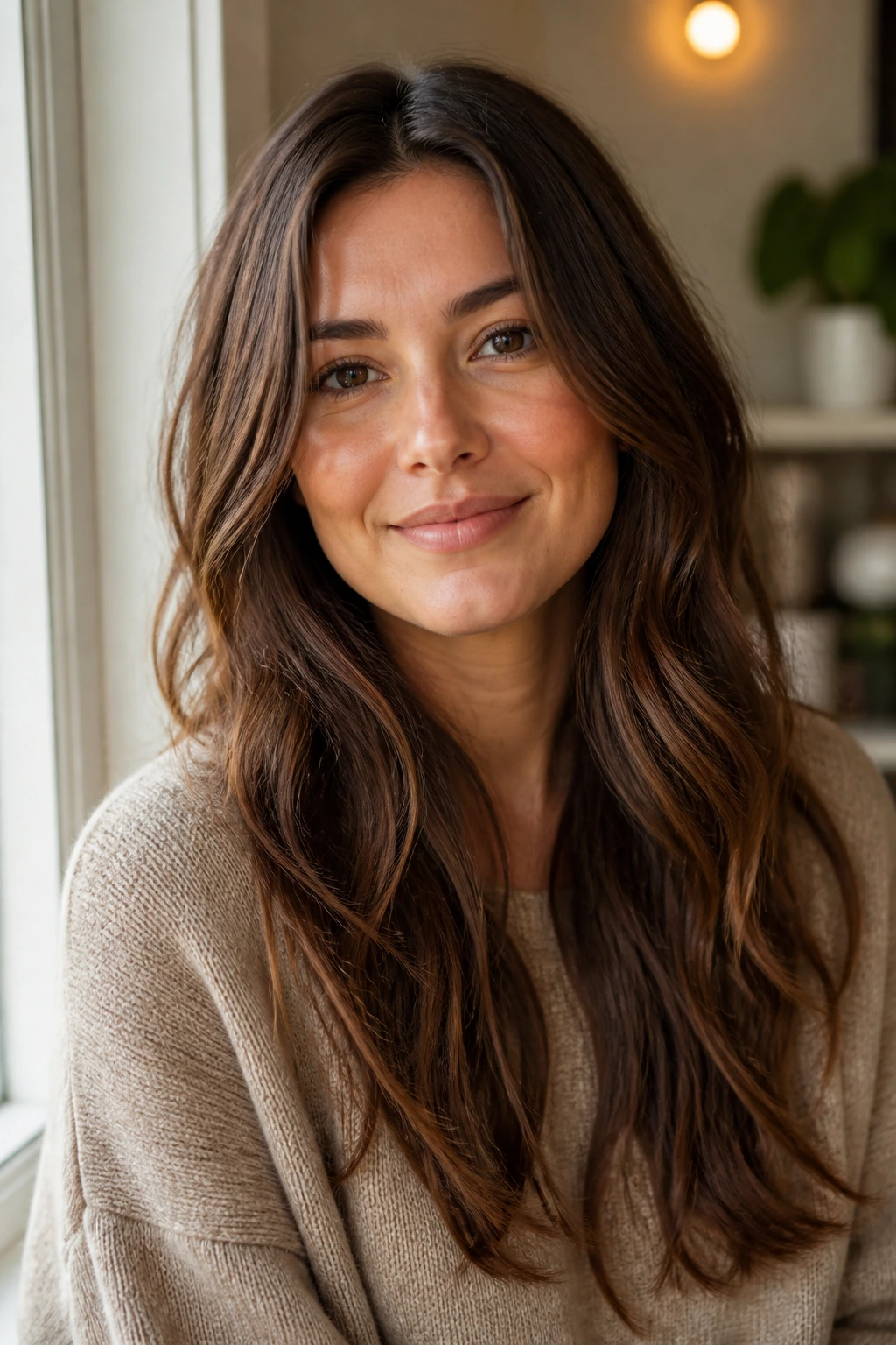 Portrait of a real woman with subtle wave-cut layers and barely-there steps