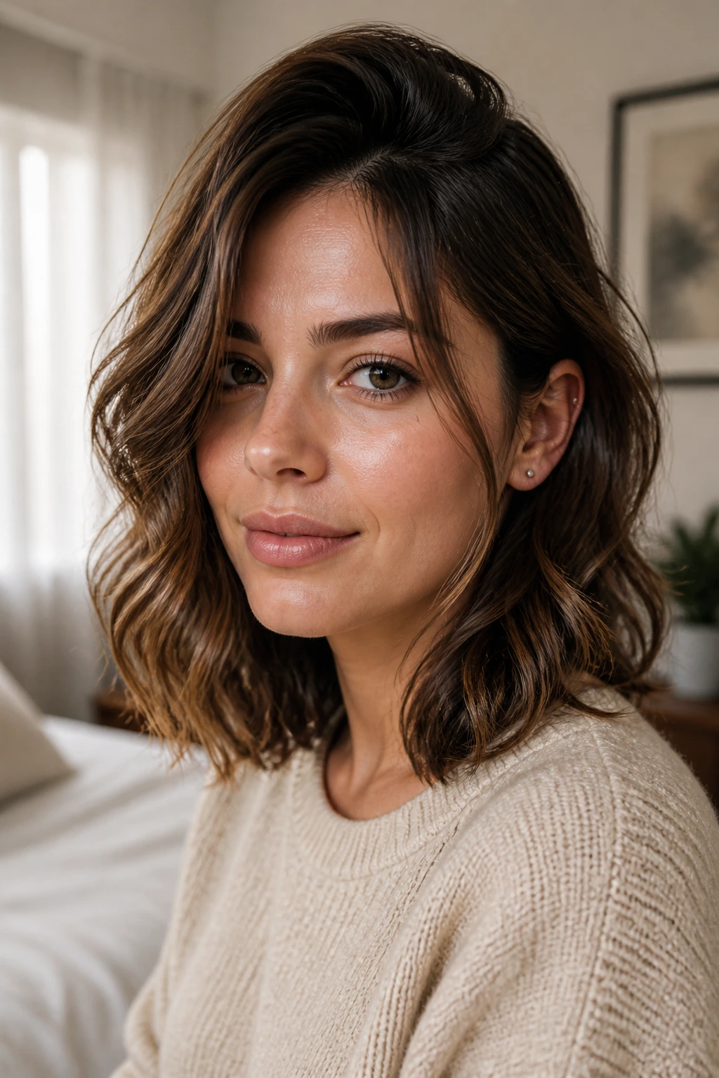 Close-up portrait of a real woman with shoulder-length wavy hair styled for day-to-day wear, crown lifted and cheek framing.