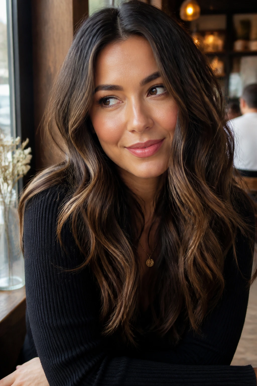 Close-up of a real person with brunette highlights in loose waves by a cafe window