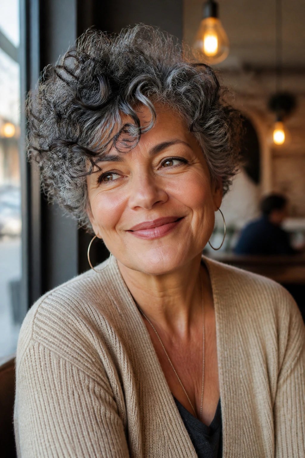 Portrait of a real woman with everyday-wear curly hairstyle in a cozy cafe setting