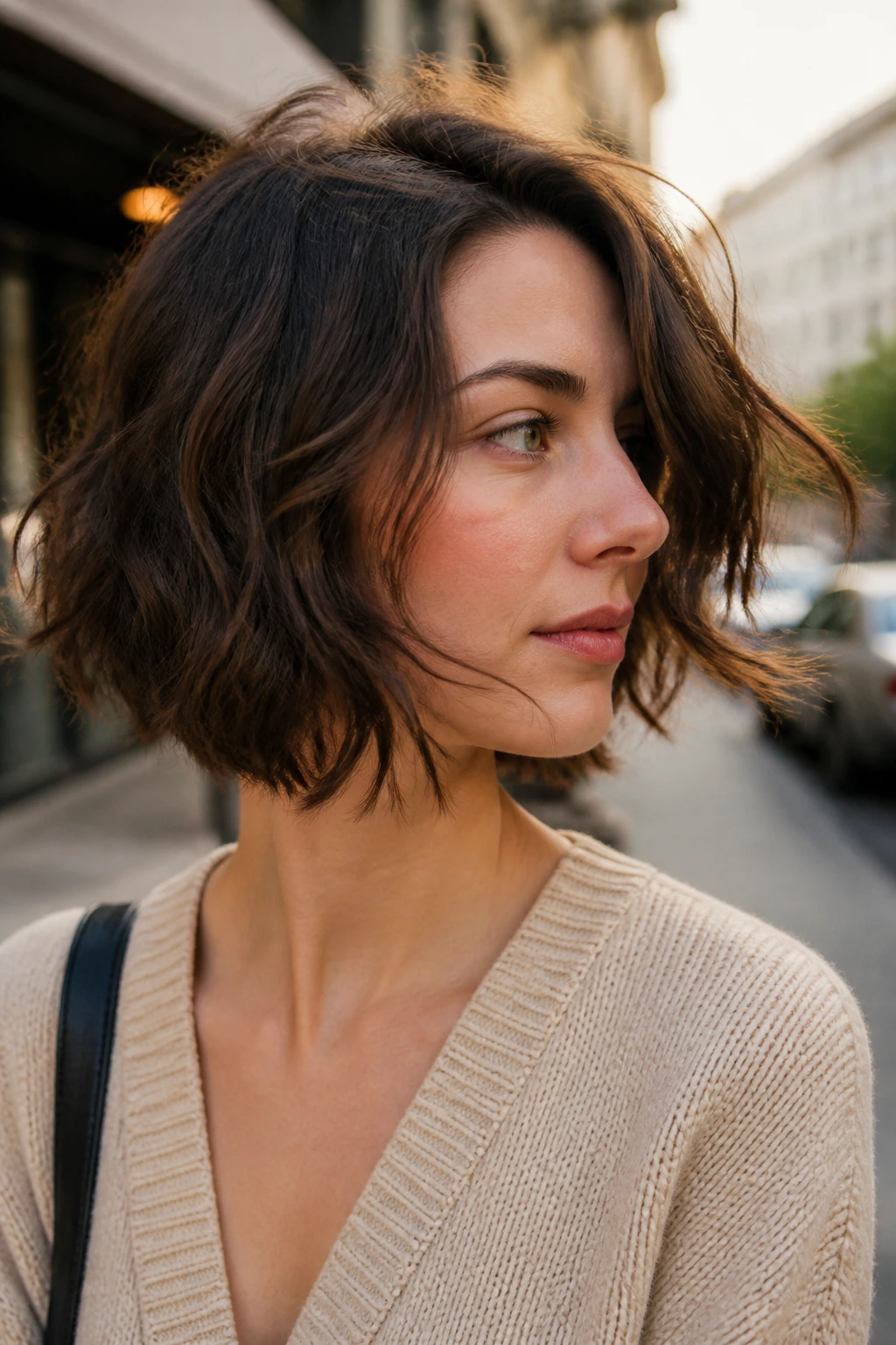 Portrait of a real woman with a moving, evolving choppy bob outdoors