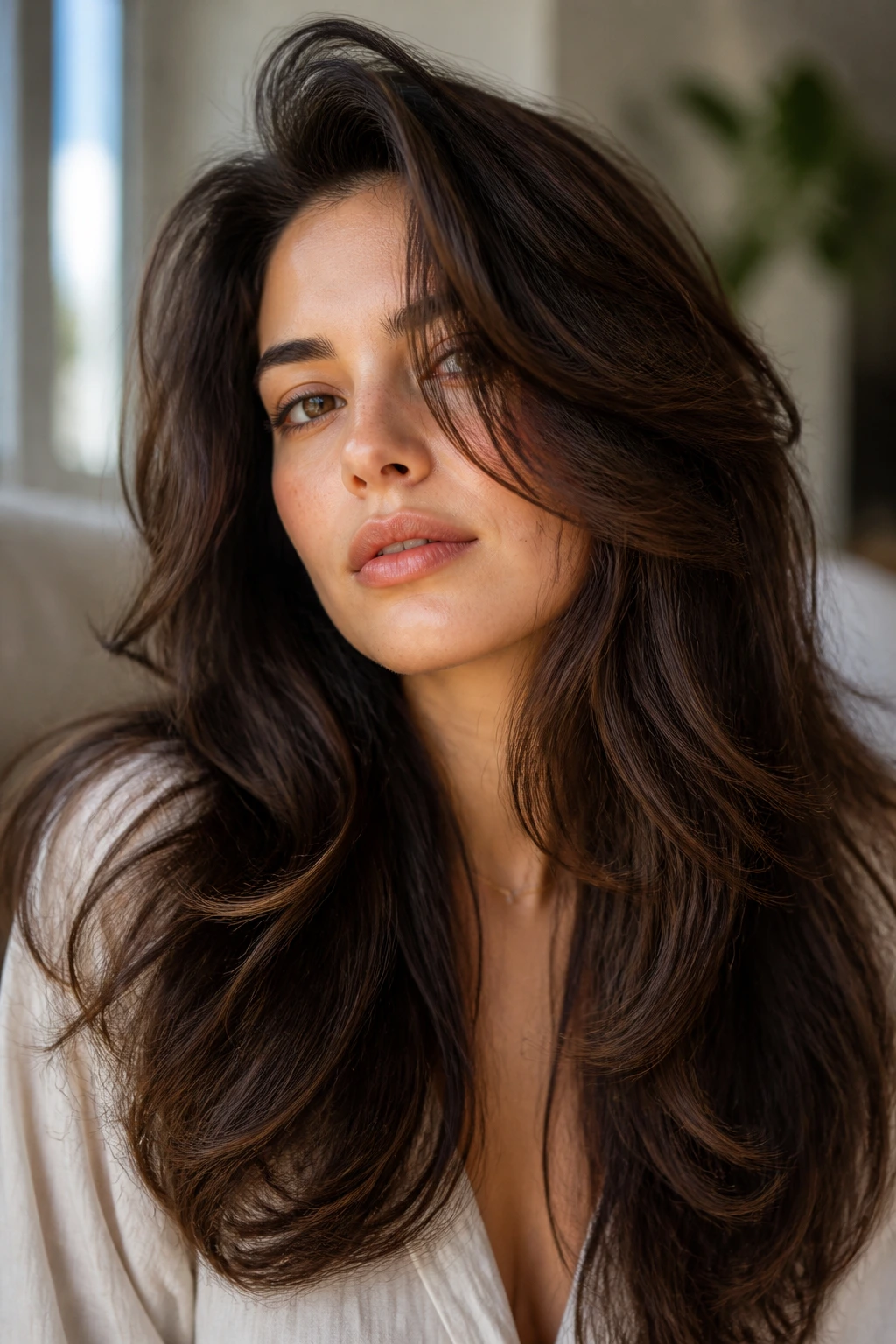 Close-up of a real woman with expansive volume layers and soft ends in a bright room