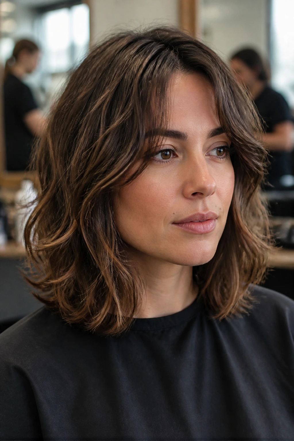 Portrait of a real person in a salon chair, hair styled for discussion with a stylist