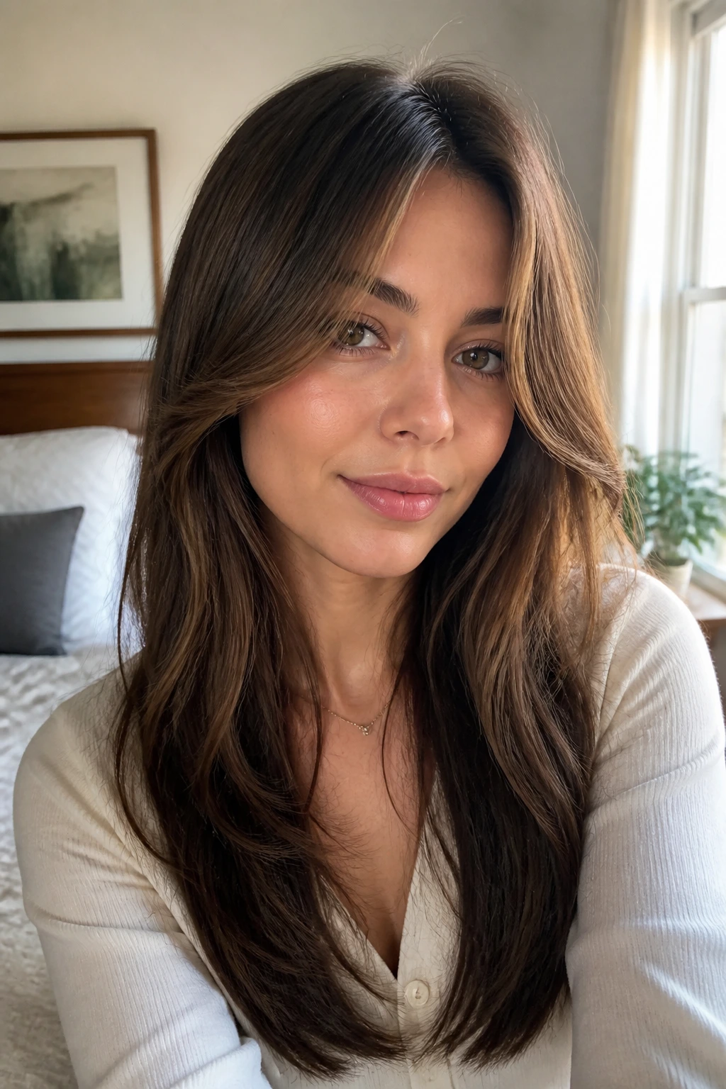 Close-up portrait of a woman with extended curtain bangs blending into layered front hair
