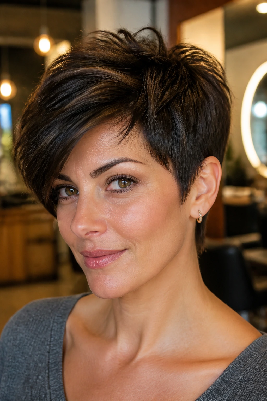 Portrait of a real person with extended top-layer pixie showing longer crown layers