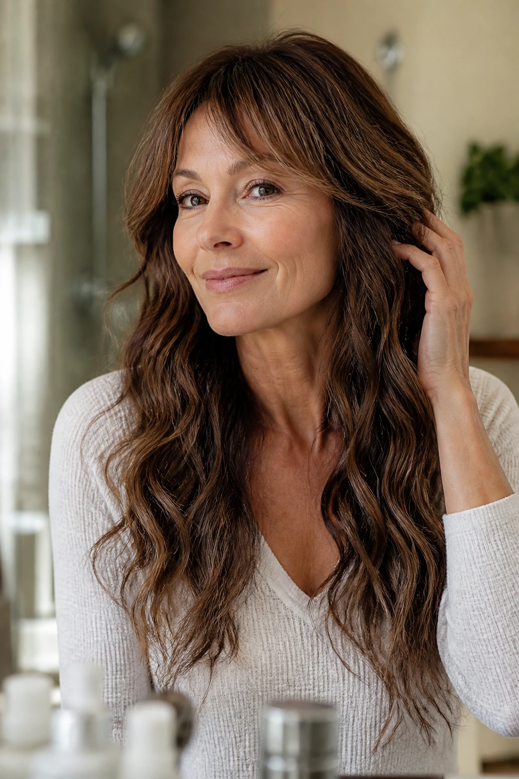 Woman with wavy extensions being touched in a bathroom