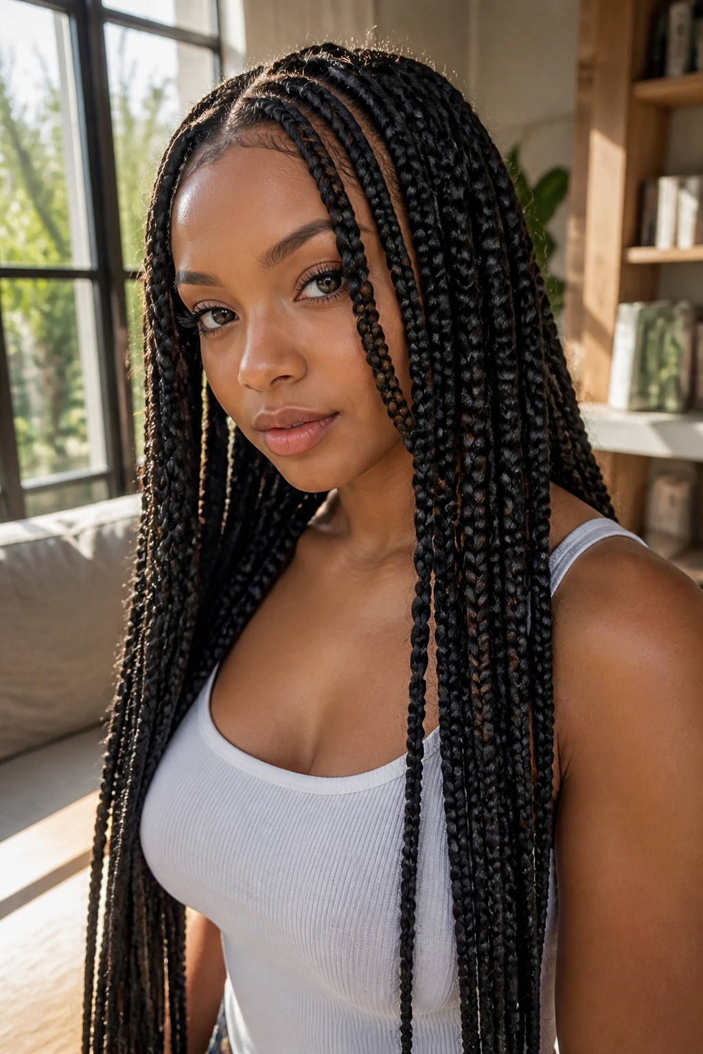 Close-up of a woman with extra-long braids and cascading front panels along the cheeks.