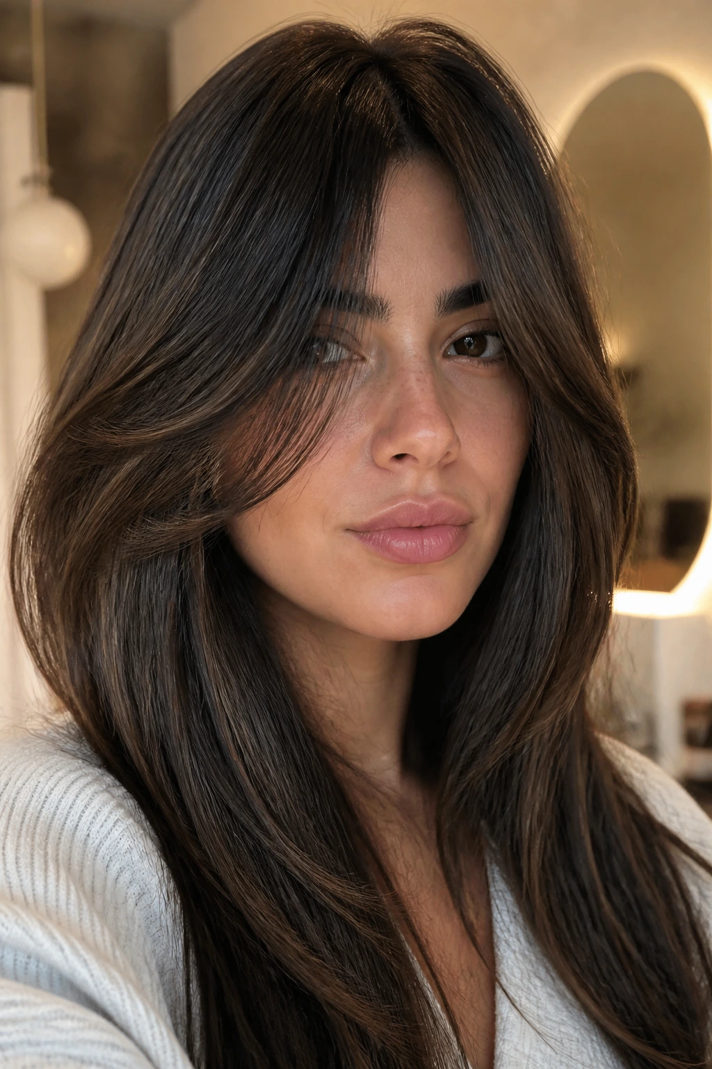 Close-up of a real person with extra-long face-framing bangs for thick hair