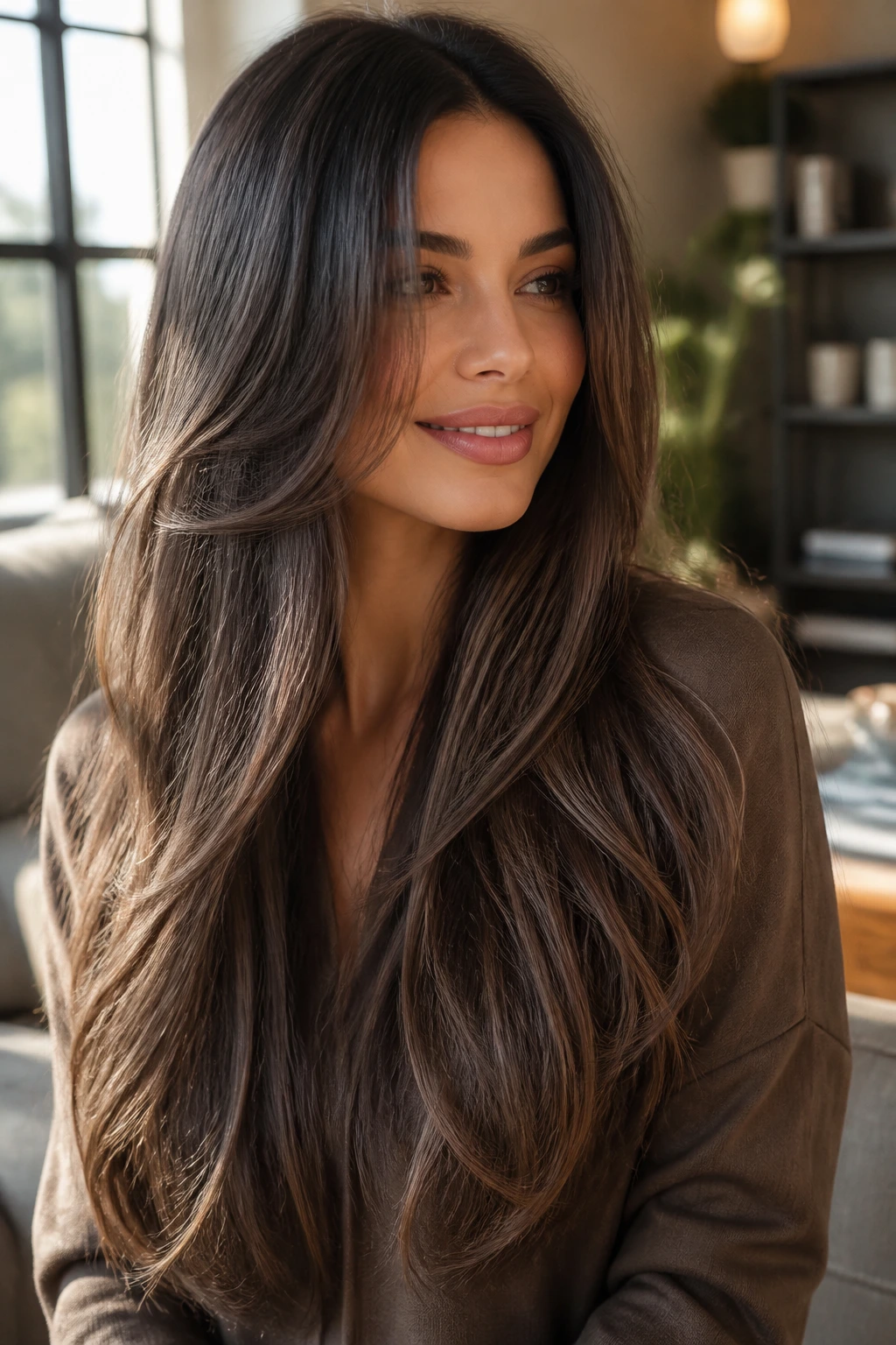 Close-up of a real woman with extra-long layered hair on fine hair, layers from crown to tips