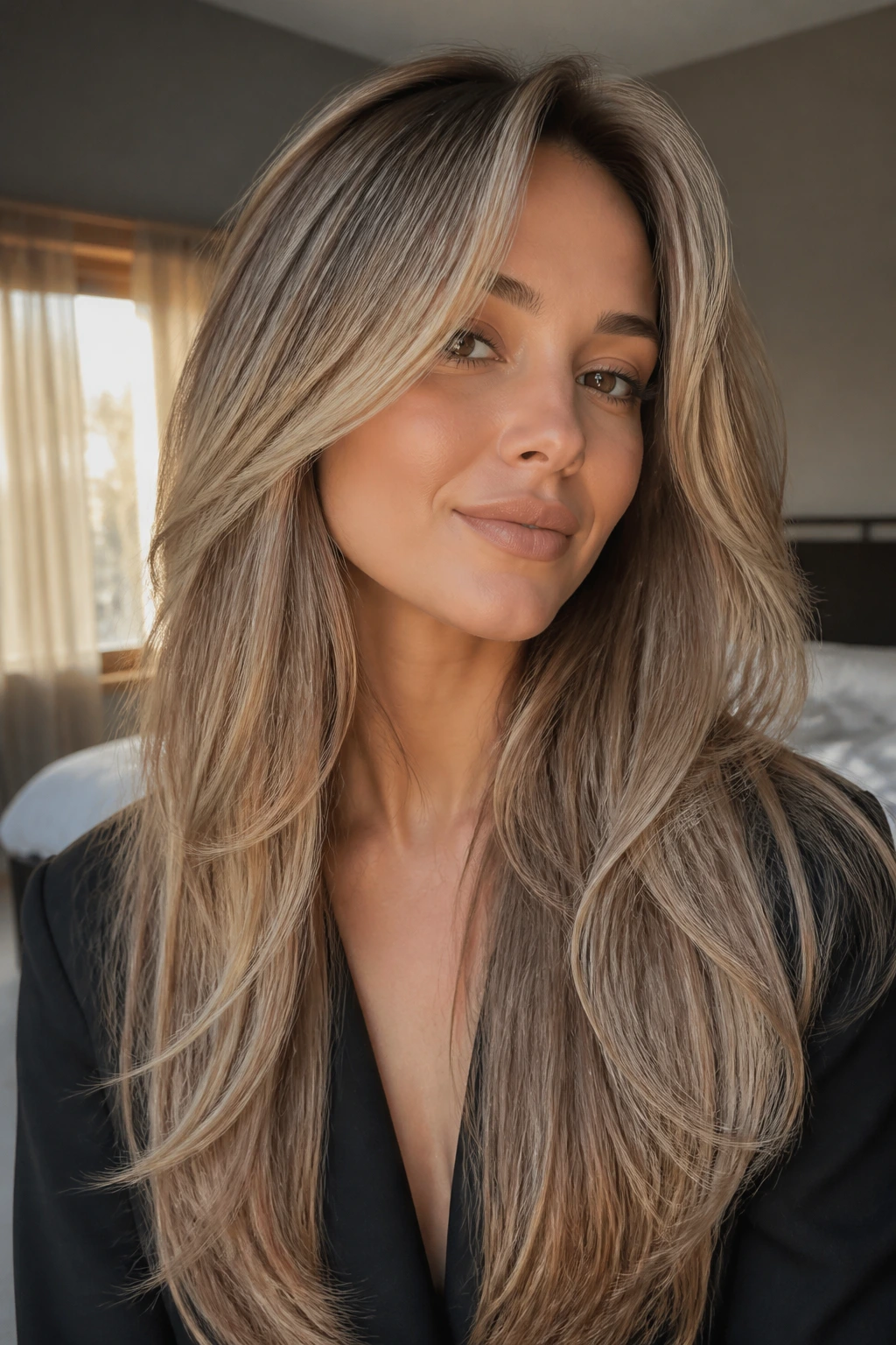 Close-up of a real woman with extra-long layered hair showing lift at the crown in natural bedroom light