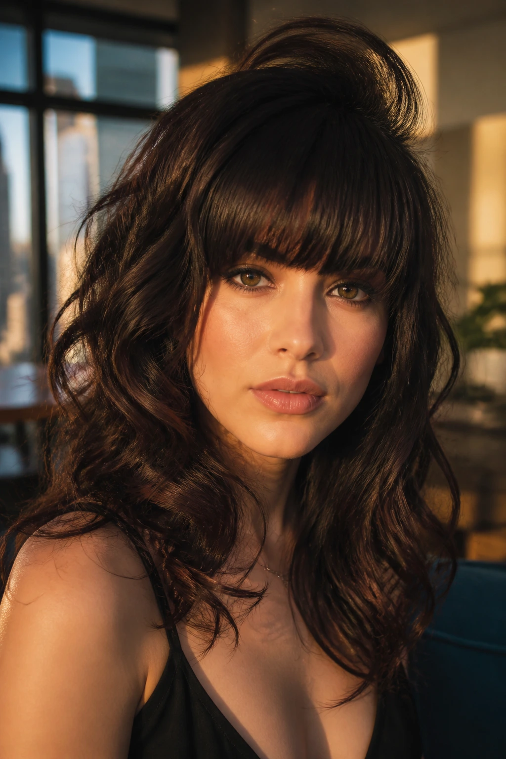 Real woman with eye-grazing blunt fringe and deep side-lift in warm evening light