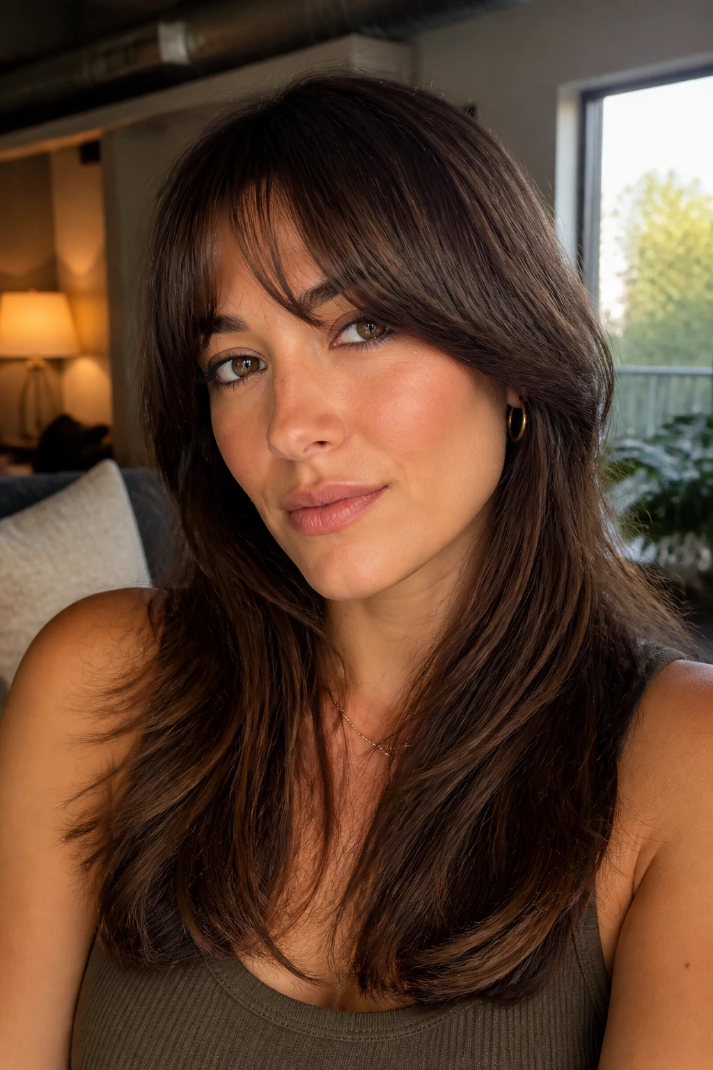 Close-up portrait of a woman with eye-line curved bangs