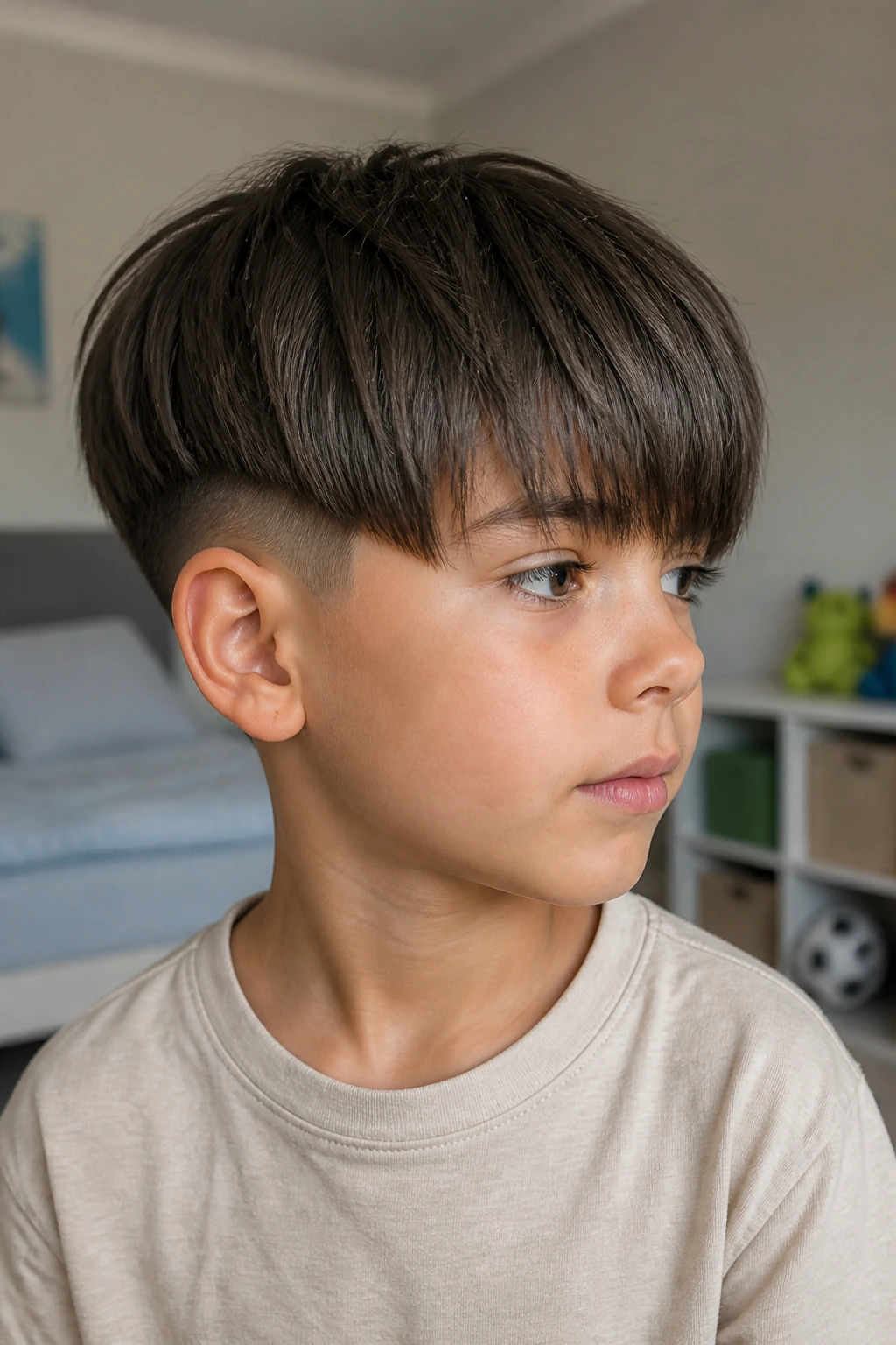 Close-up of a boy with eyebrow-length fringe and low undercut, thick hair.