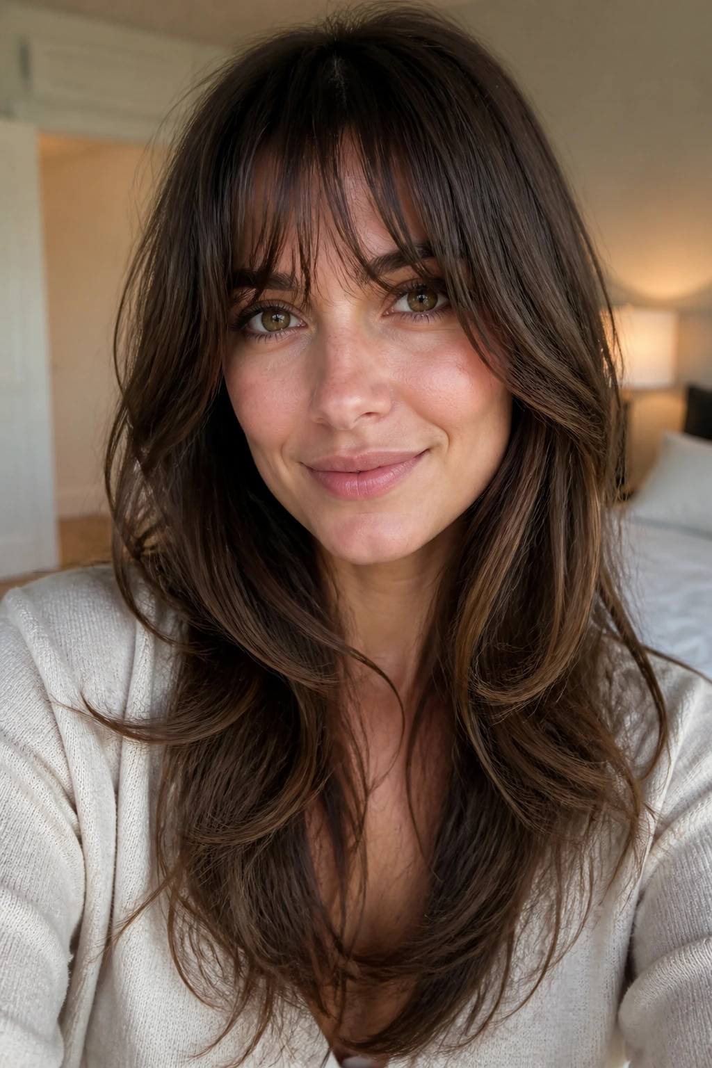 Close-up of a real woman with eyebrow-grazing bangs and romantic layers