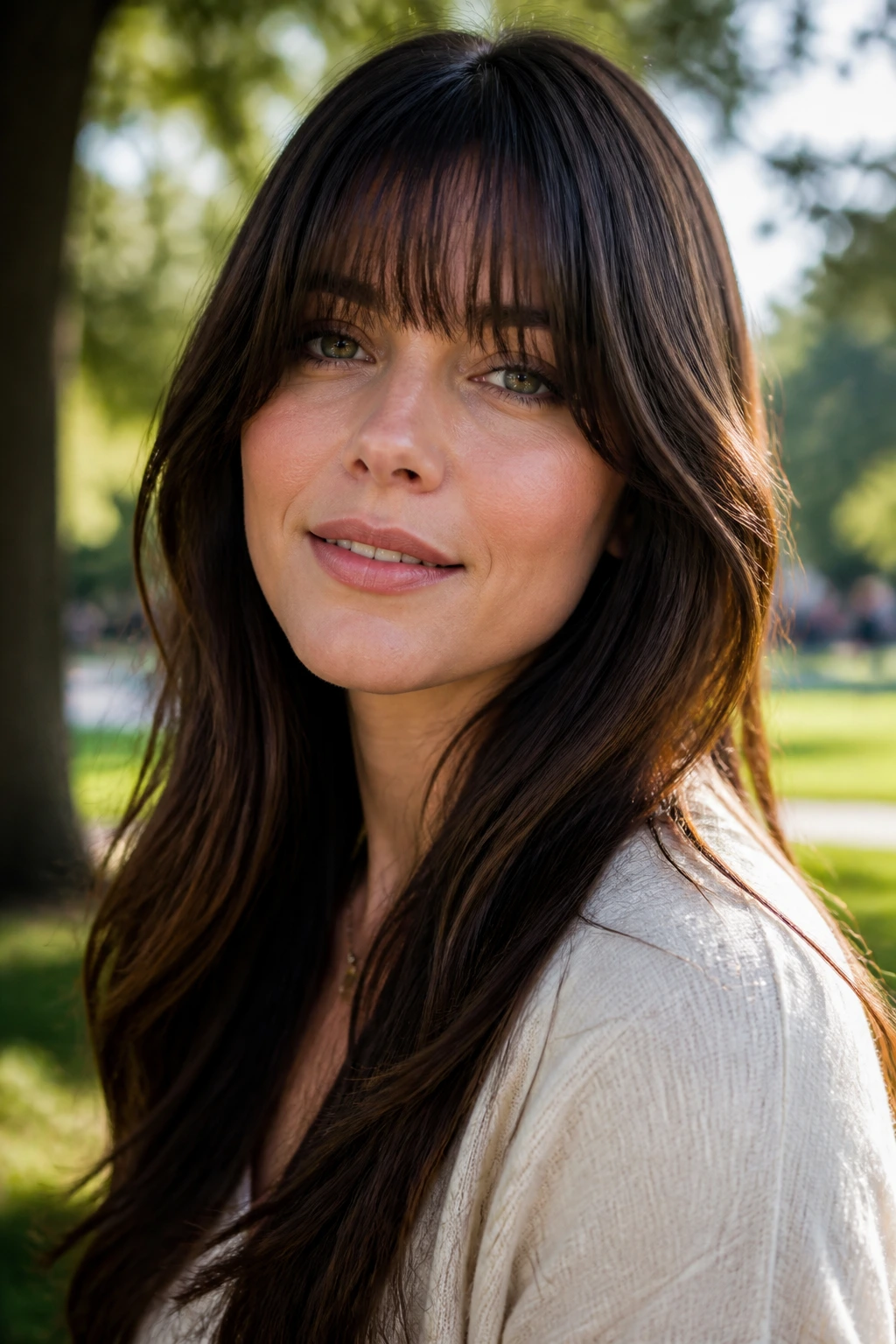 Portrait of a real woman with eyebrow-skimmer fringe in soft sunlight.