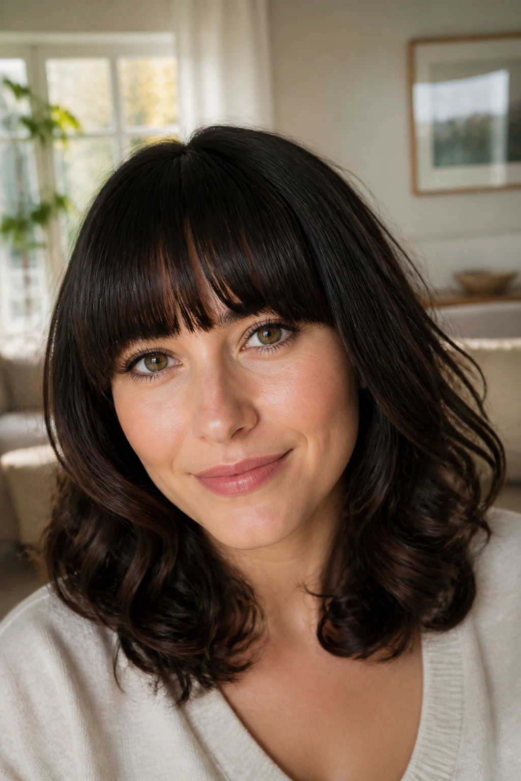 Real woman with eyebrow-skimming blunt fringe and shoulder curls in natural light