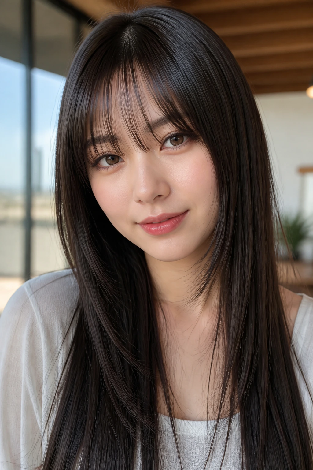 Close-up of a real woman with eyelash bangs and long straight layers