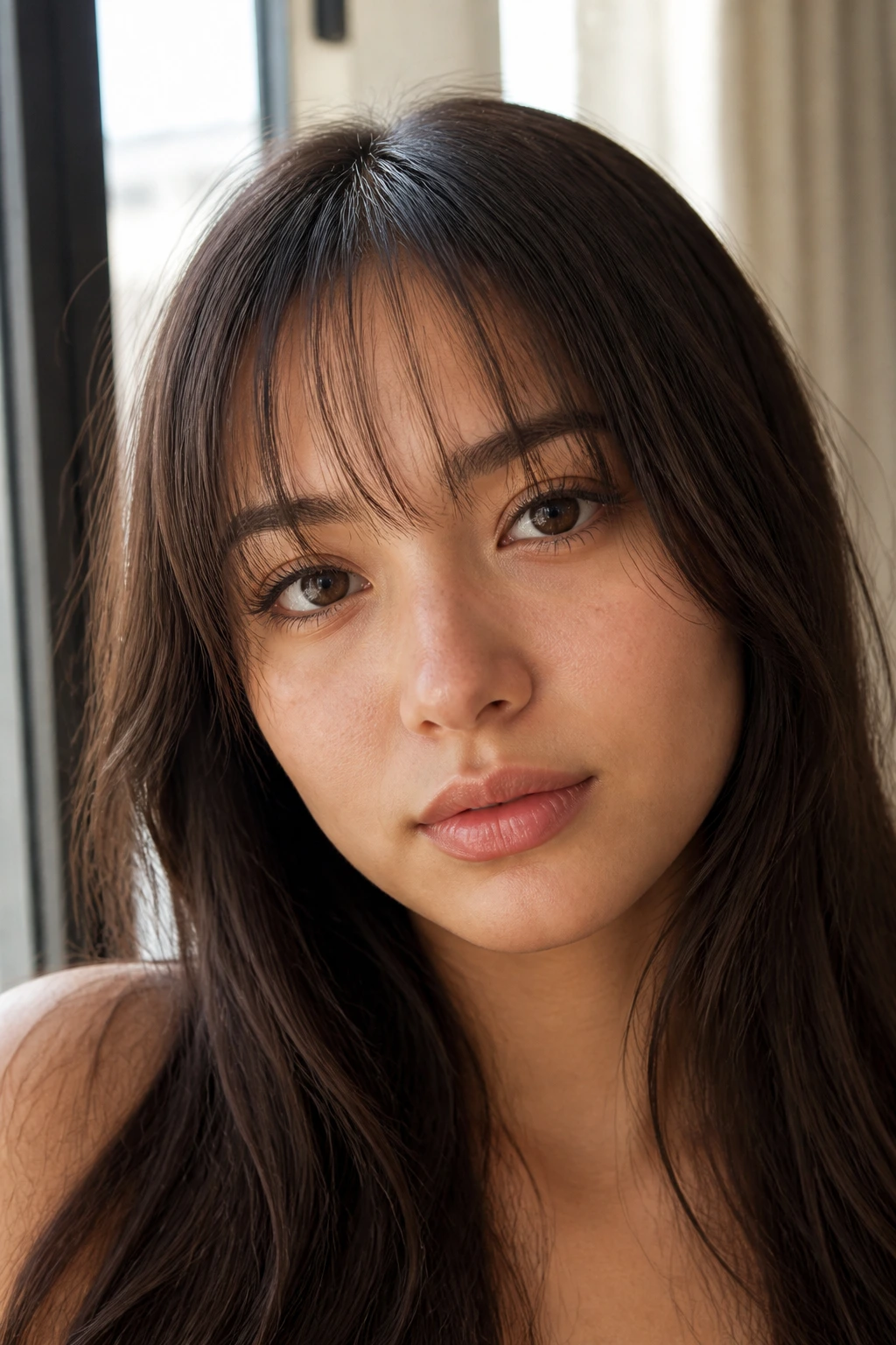 Real woman with see-through eyelash fringe near the lashes.