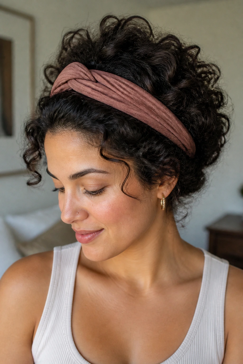 Portrait of a woman with a fabric headband tuck and curled hair.