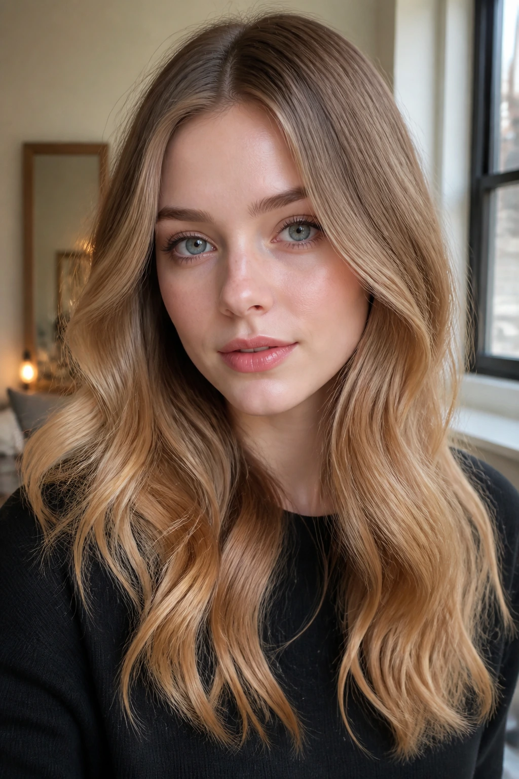 Close-up portrait of a pale-skinned person with beige-to-amber honey ombre designed to keep the face bright