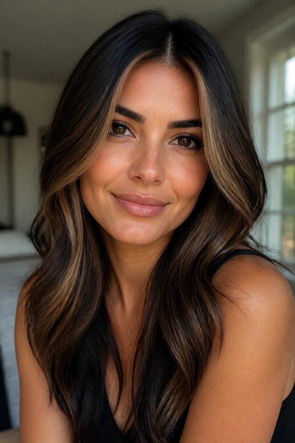 Portrait of a woman with face-centered caramel highlights near the part line.