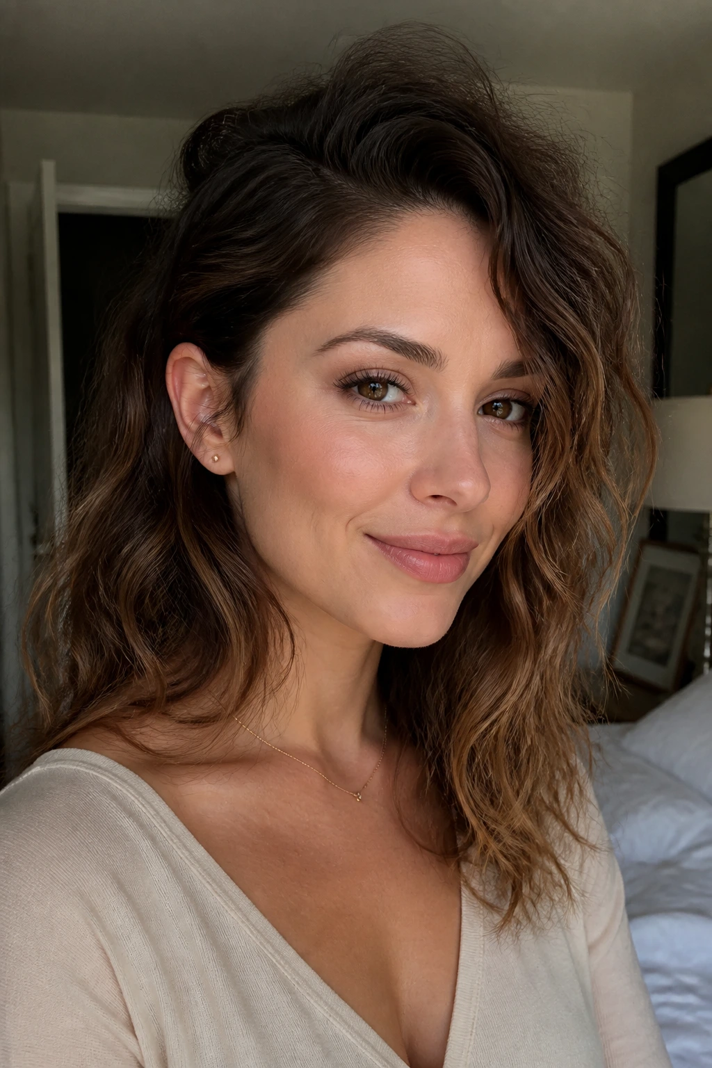 Close-up portrait of a real woman with a tucked side and contouring waves