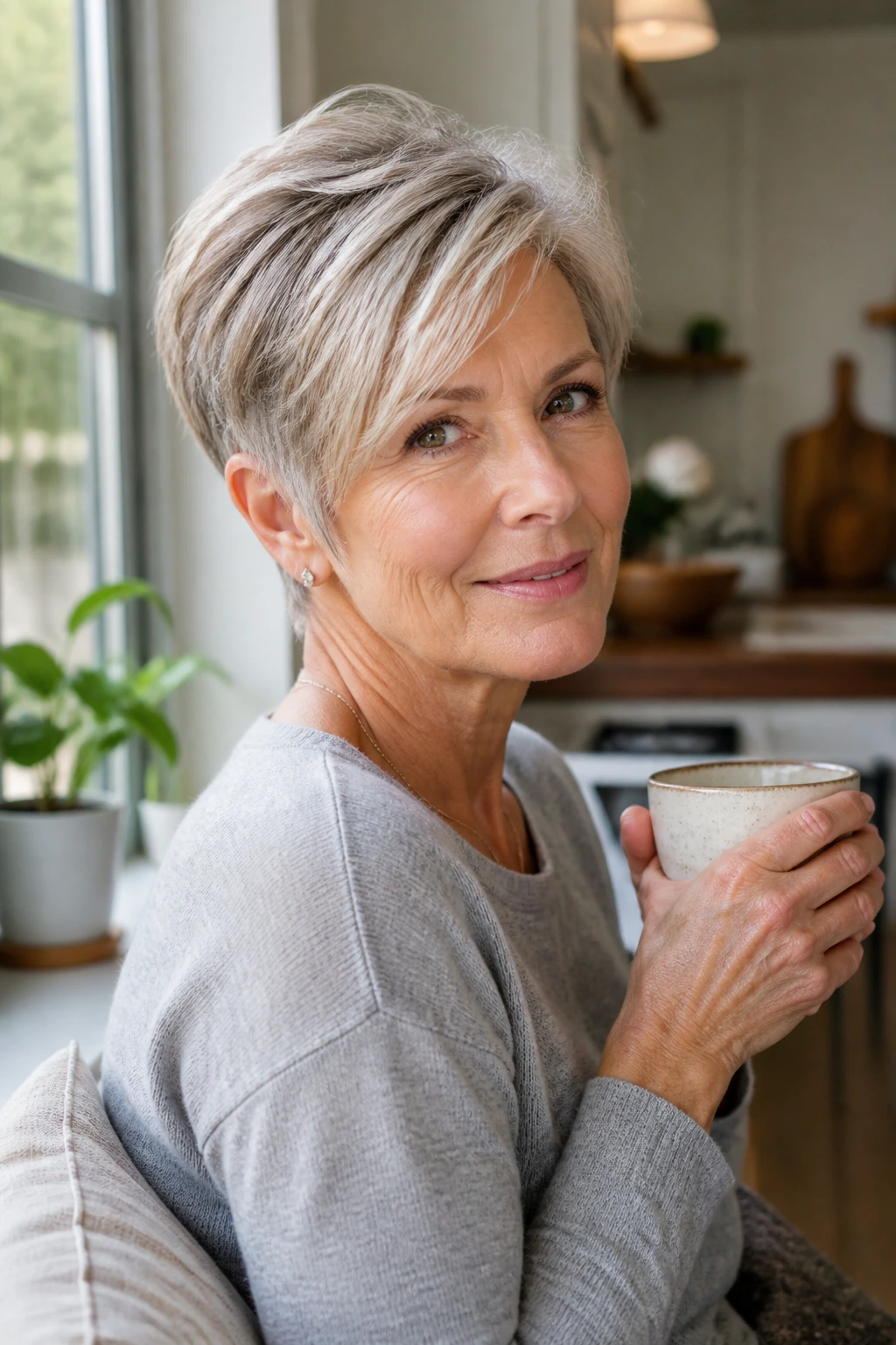 Portrait of a woman with a face-flattering short haircut.