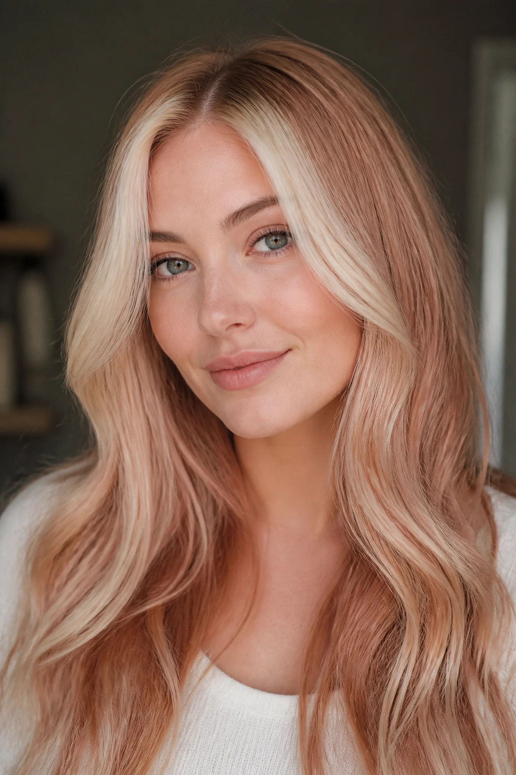 Close-up portrait of a woman with champagne-white face-framing hair