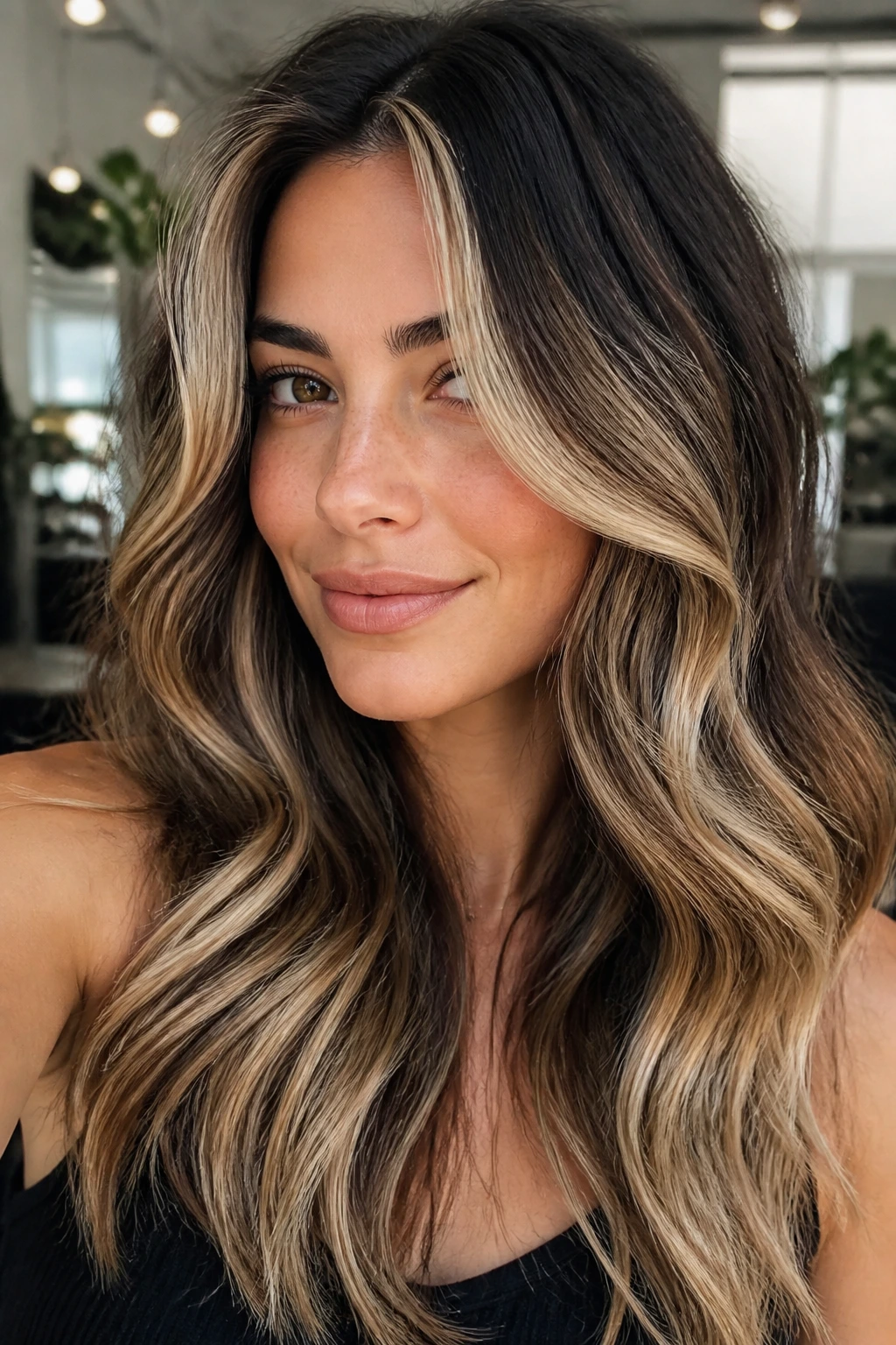 Real person with face-frame balayage and dimensional interior on thick hair.
