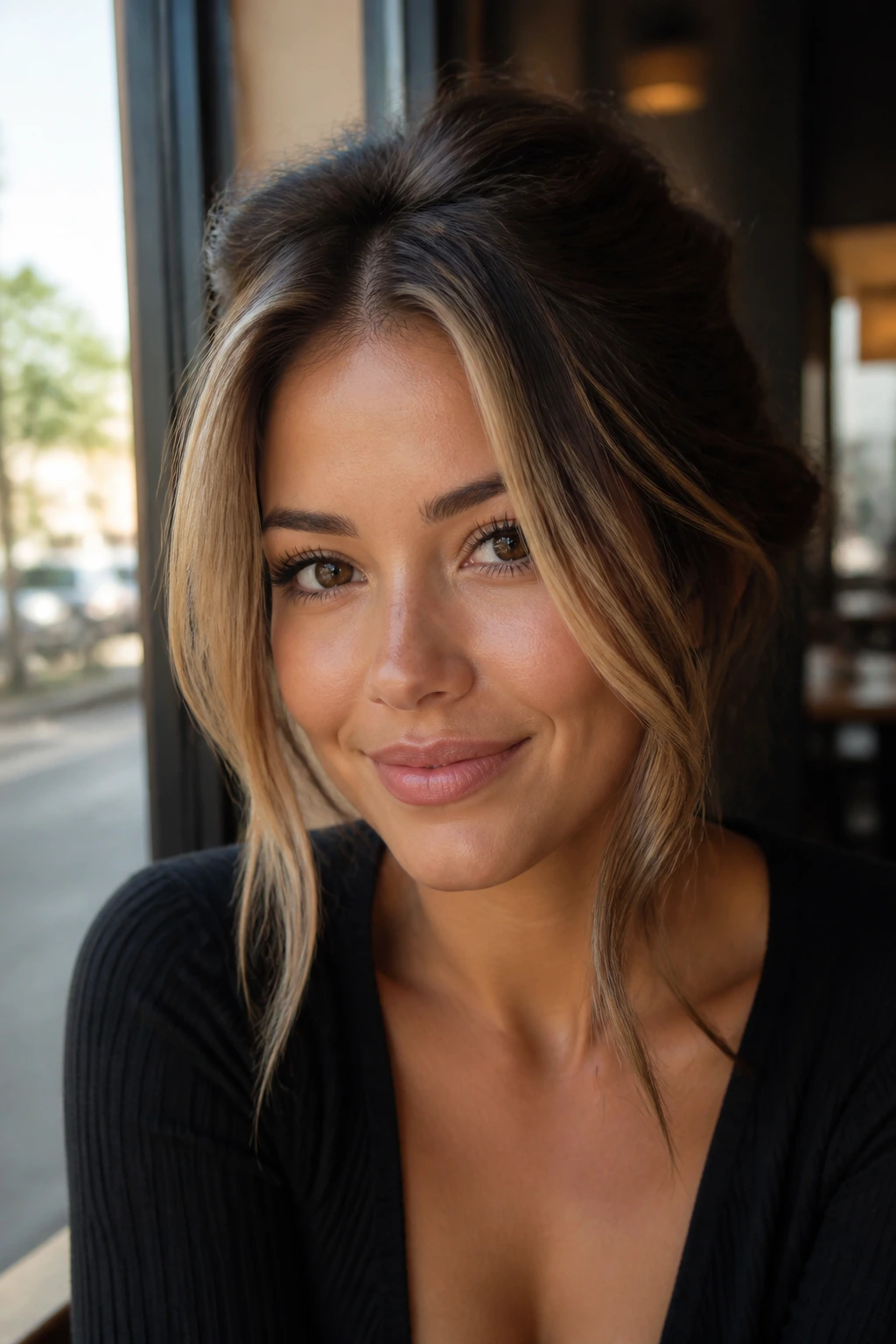 Brunette with bright face-frame highlights and soft root shadow.