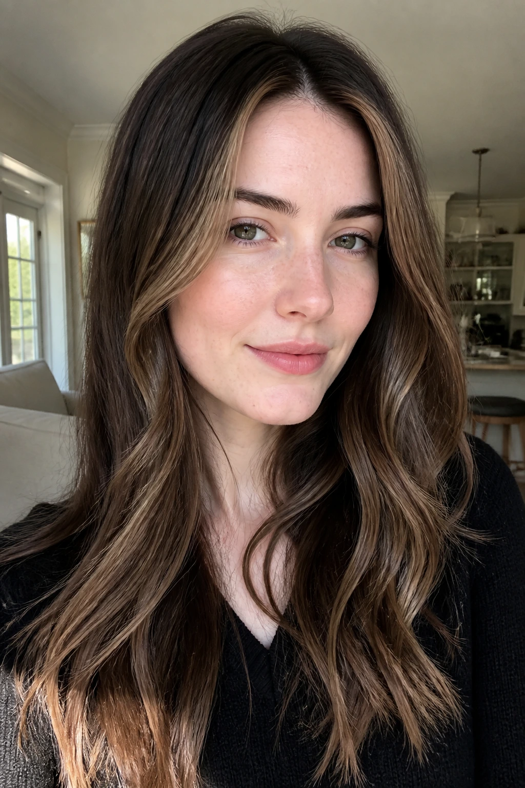 Close-up of a real woman with beige brown face-frame blending softly at the hairline.
