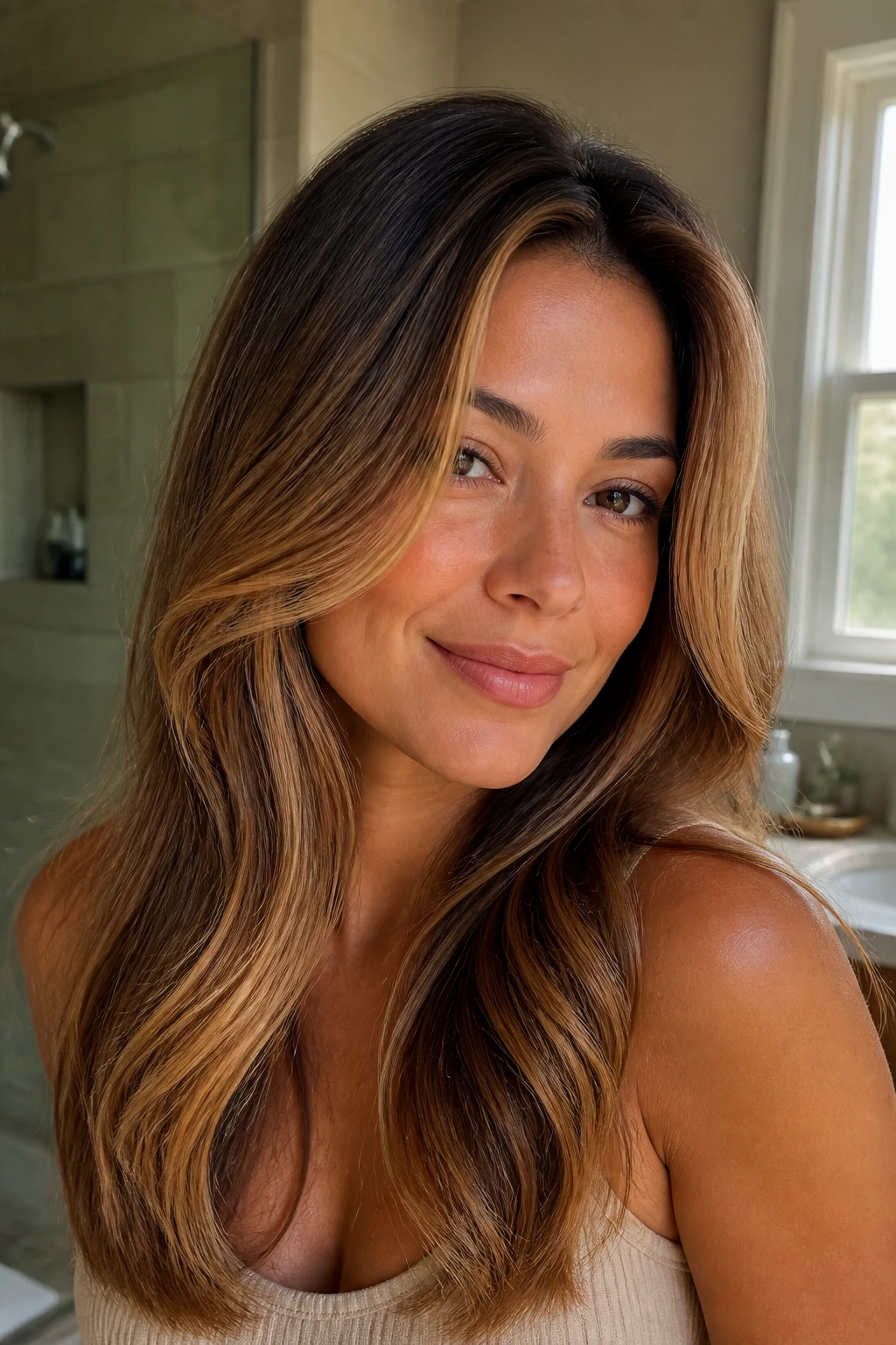 Close-up portrait showing face-frame brightness and warm glossy hair in window light