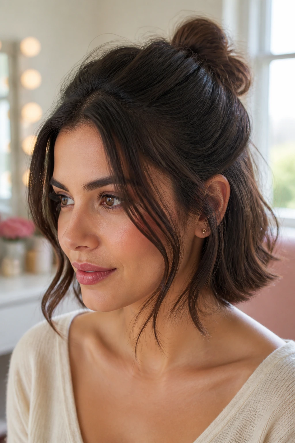 Close-up of face-framing hair around cheeks with a small back-set bun on a real person