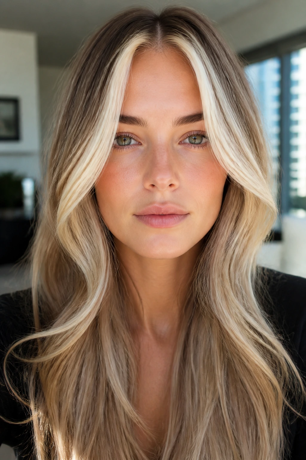 Close-up portrait of a real woman with bright champagne face-framing hair
