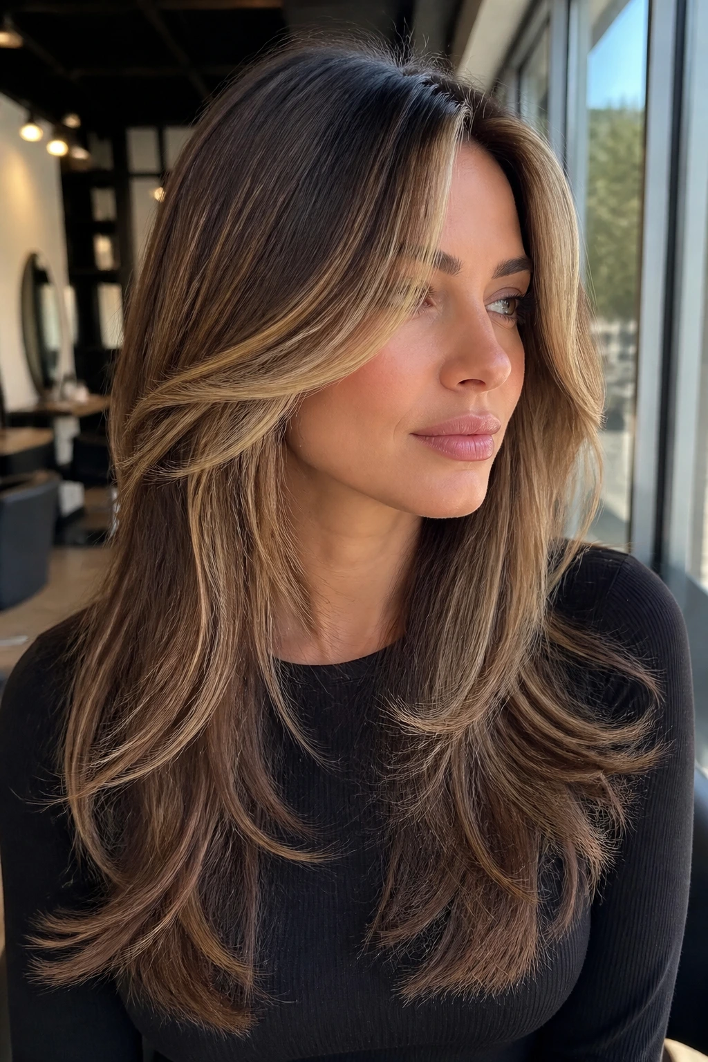 Real woman with face-framing color highlights along front bangs in soft salon light