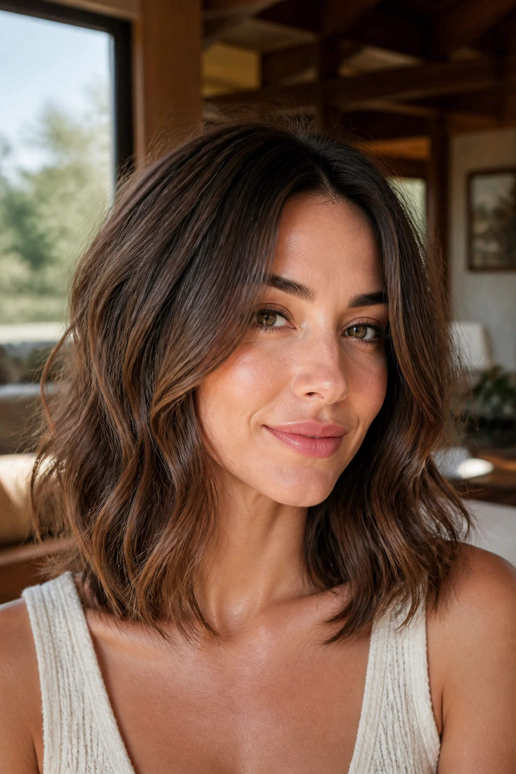 Portrait showing a lob with soft face-frame curtain pieces around the cheeks.