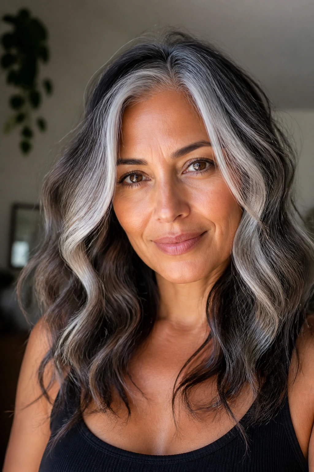 Portrait of a woman with a bright front face frame in silver tones