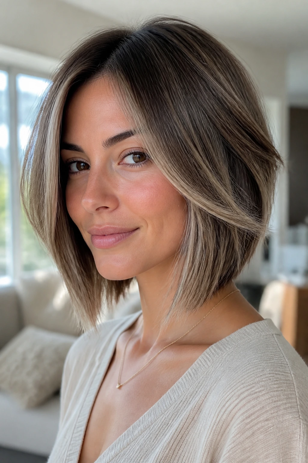 Close-up of a woman with cheekbone-opening face-framing haircut