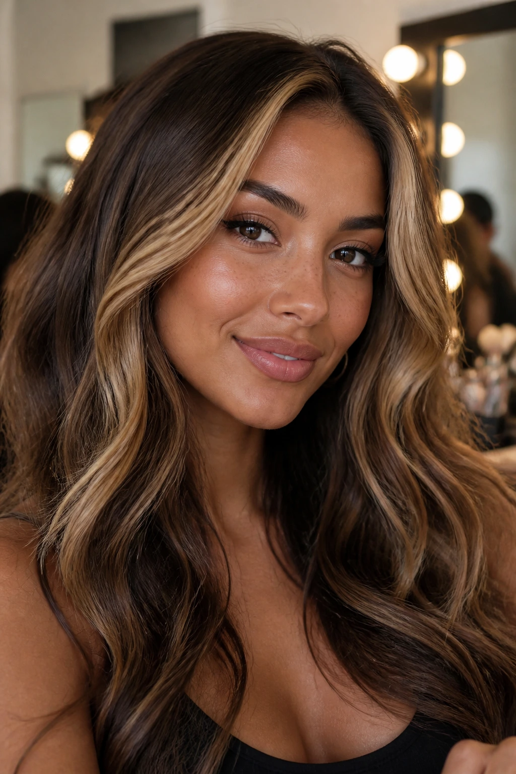 Portrait of a real woman with a bright face-framing honey blonde panel against darker hair