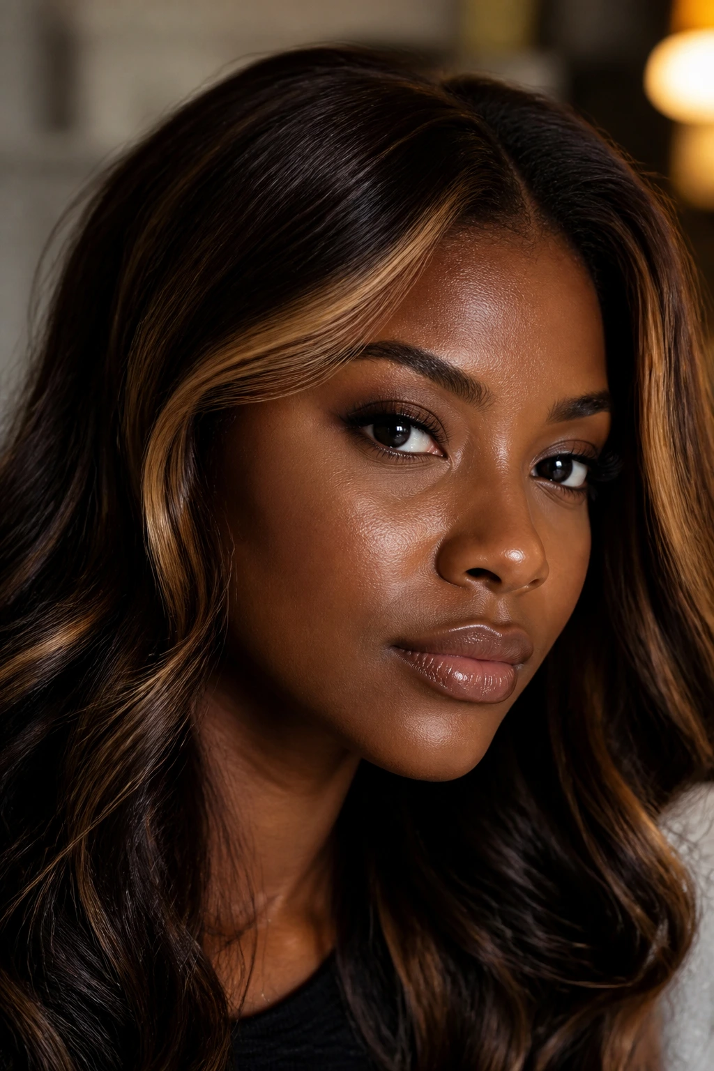 Close-up of hair with subtle face-frame highlights.