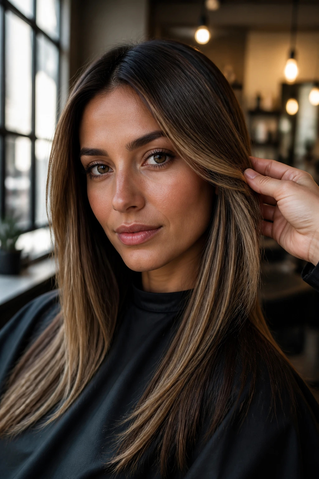 Close-up of a woman's face with face-frame highlights at the cheeks in a salon.