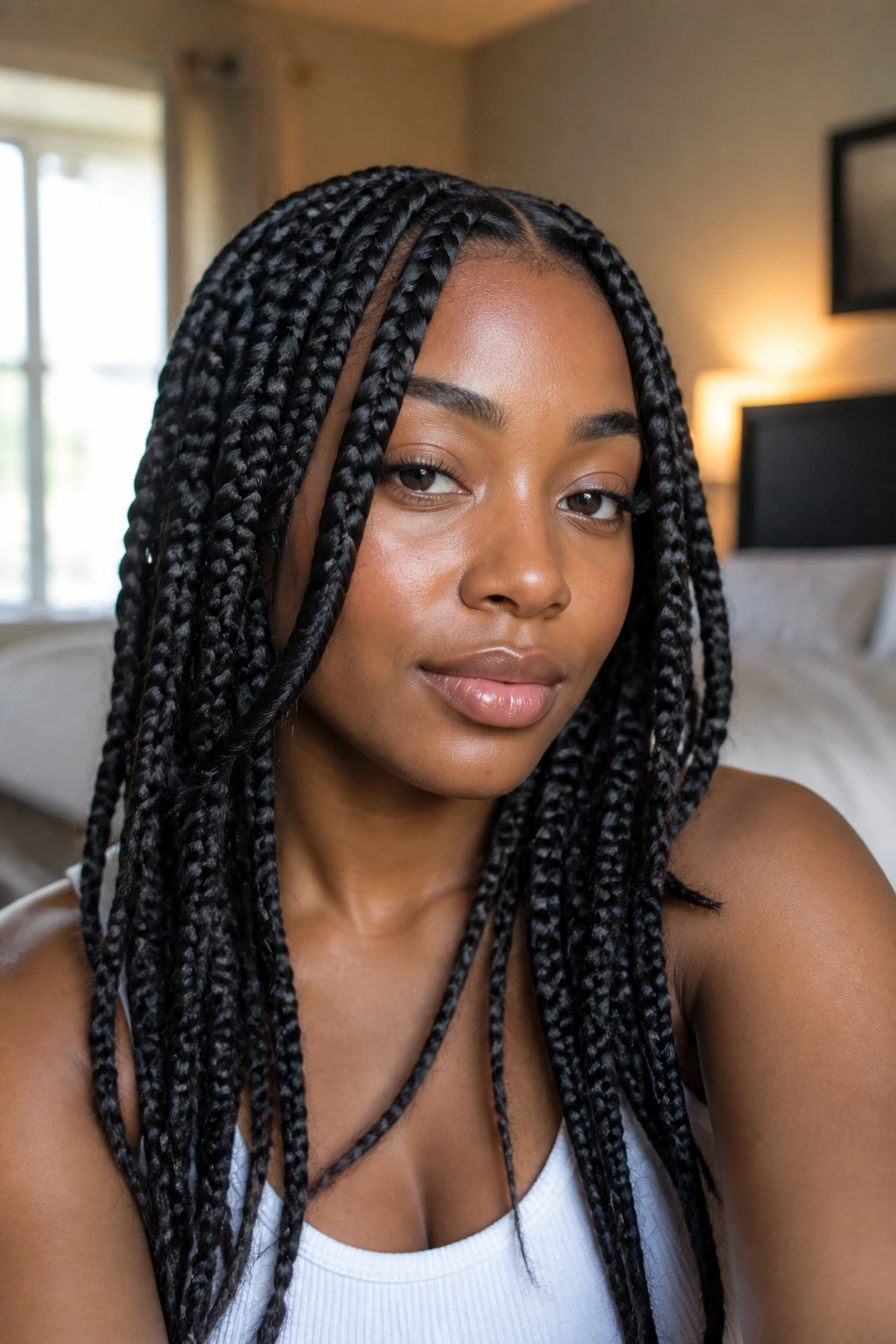 Close-up portrait of woman with face-frame jumbo box braids