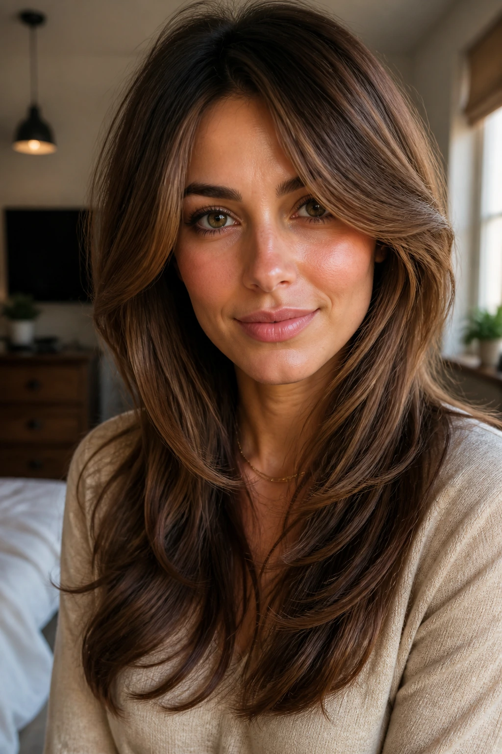 Close-up of a real woman with heart-shaped face showing face-frame first layers and side-swept bangs