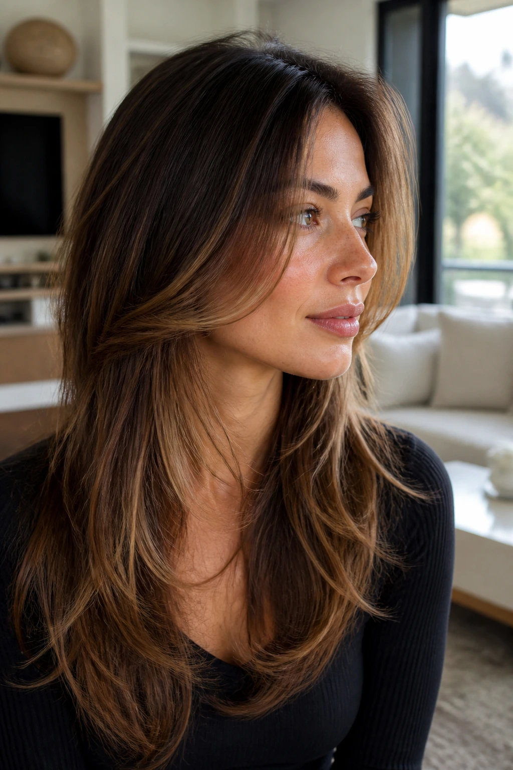 Portrait showing jaw-bypassing face frame layers softening the jawline.