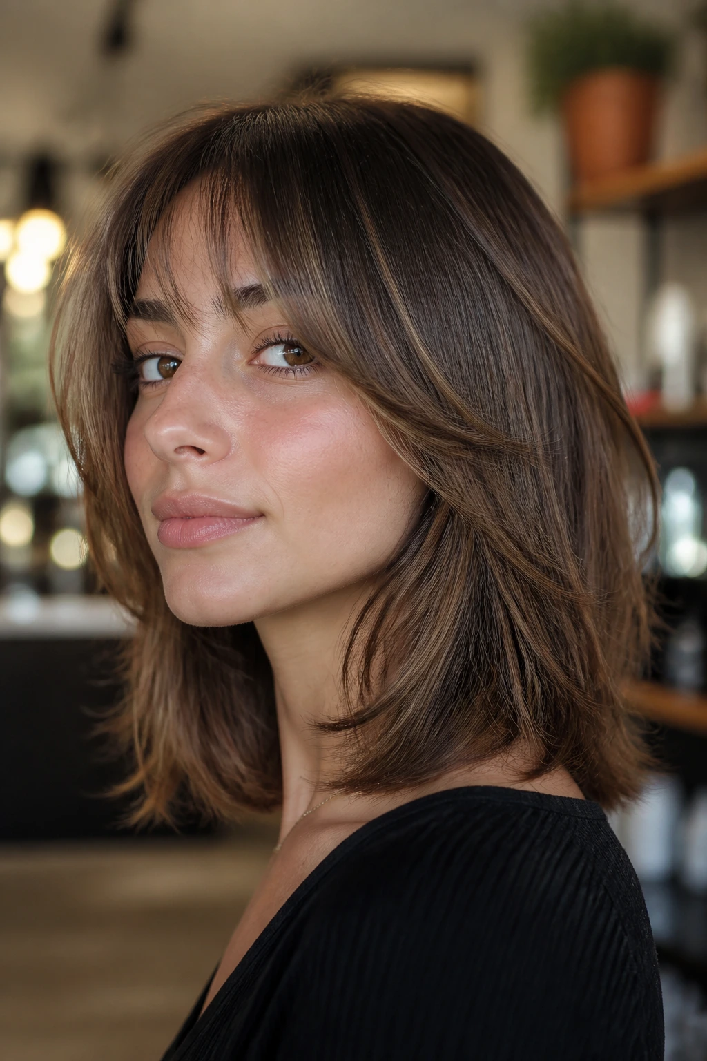 Portrait of a woman showing cheekbone-length face frame and hair thickness