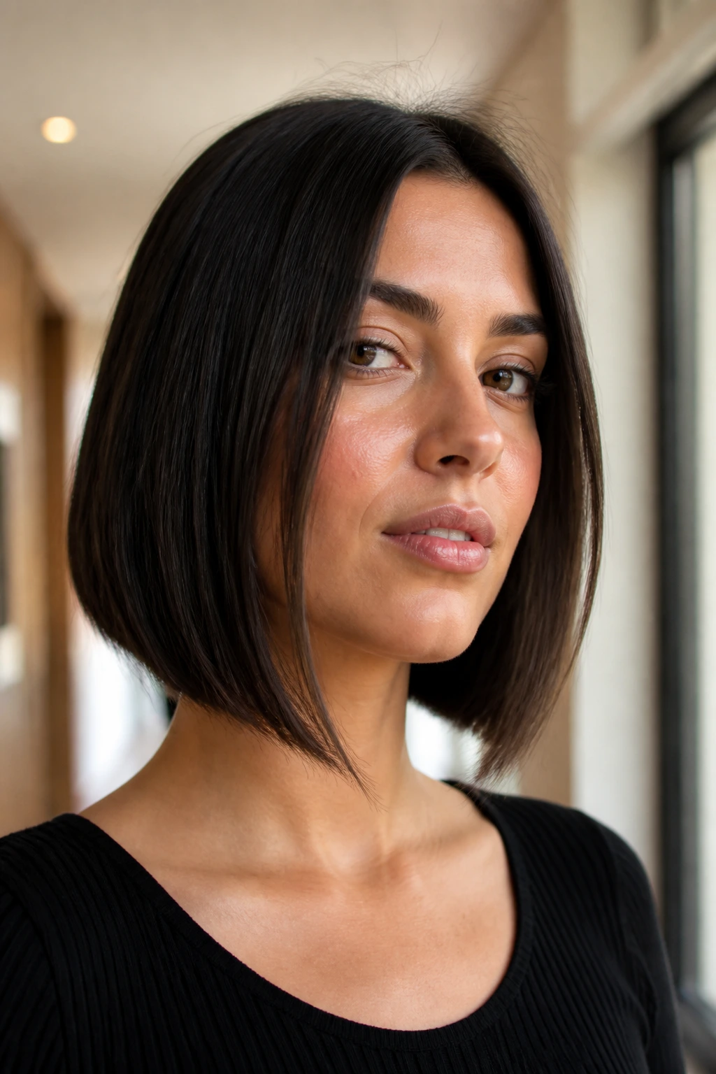Real woman wearing cheekbone-skimming face frame lob with long front pieces.